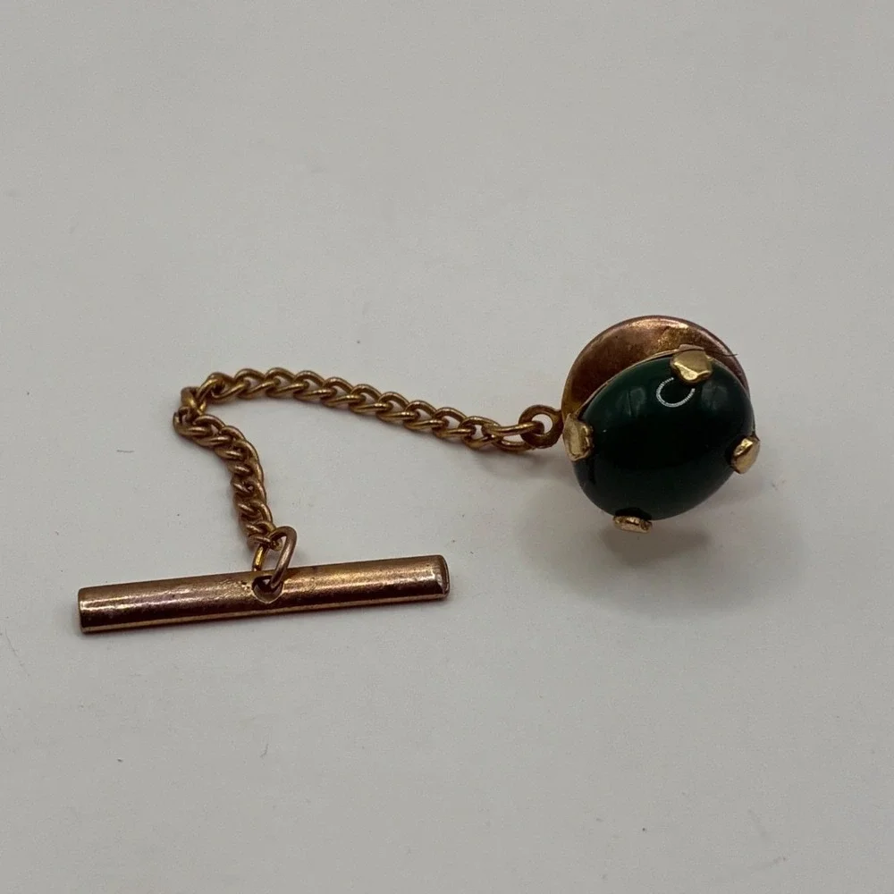 Vintage Gold Tone Green Cabochon Tie Tack with Security Chain and T-Bar Pin